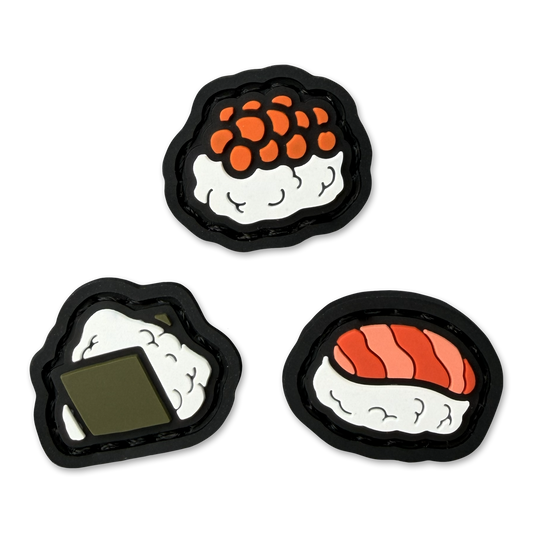 Sushi RE Set velcro patches depicting one roe roll, one sashimi, and one onigiri.
