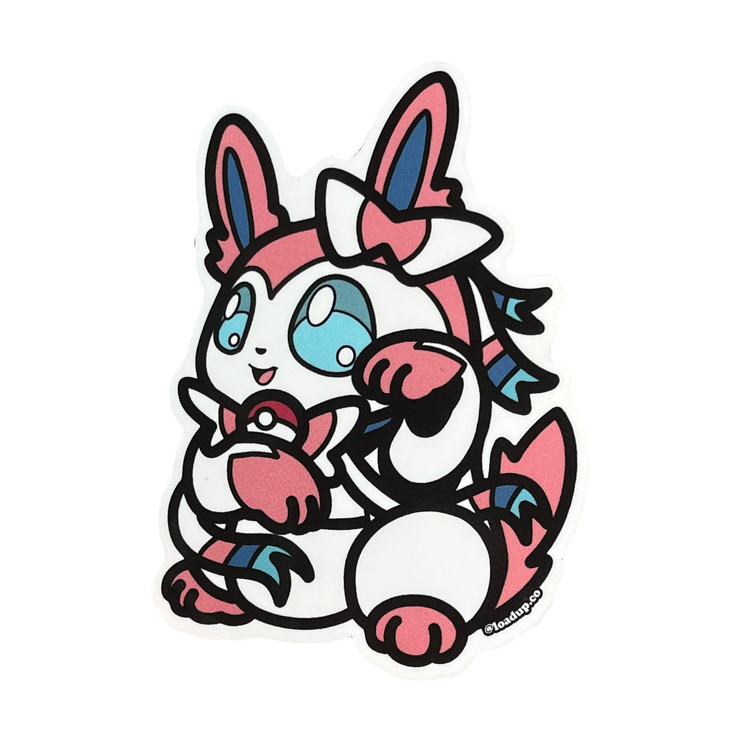 Sylveon Neko Sticker of a pink and white cartoon character in a lucky cat maneki-neko  pose.