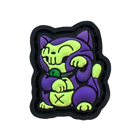 Toxic Neko RE ranger eye patch depicting a purple and green cat in a lucky cat maneko pose.