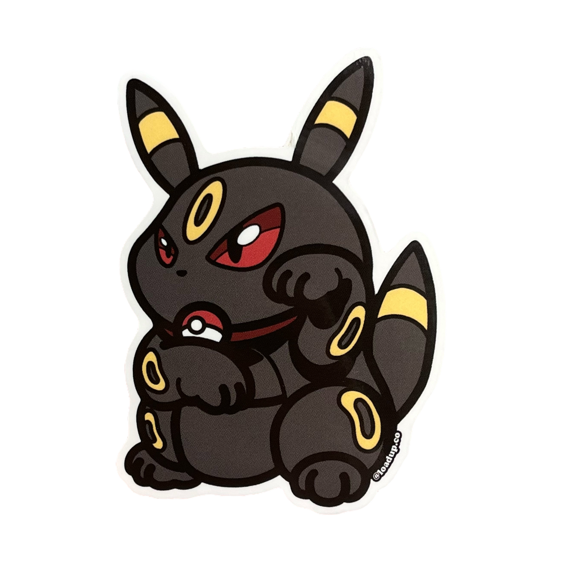 Umbreon Neko Sticker of a black and yellow cartoon character in a lucky cat maneki-neko pose.