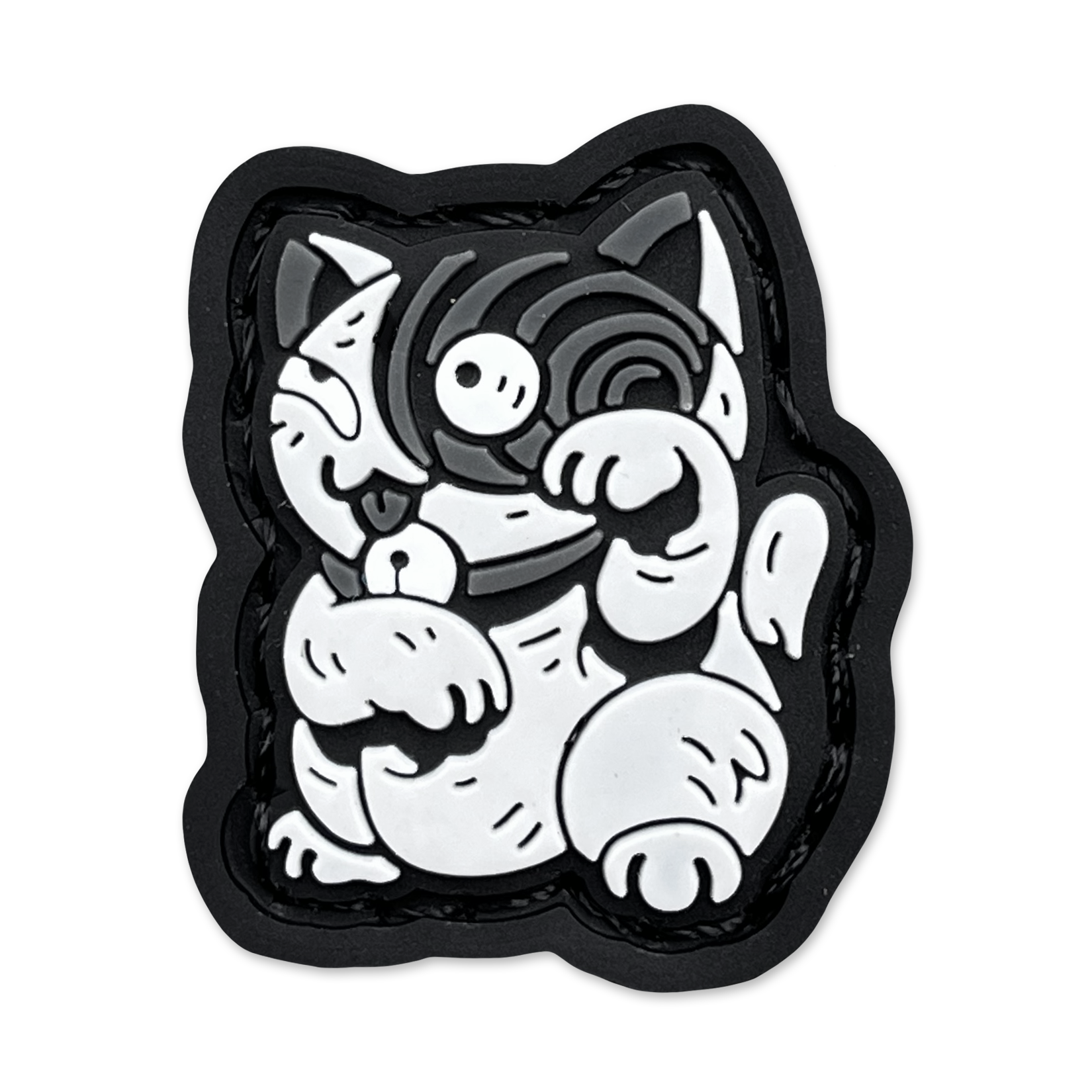 Uzumaki Neko RE ranger eye patch depicting a gray cat with a swirl on its face in a lucky cat maneko pose.