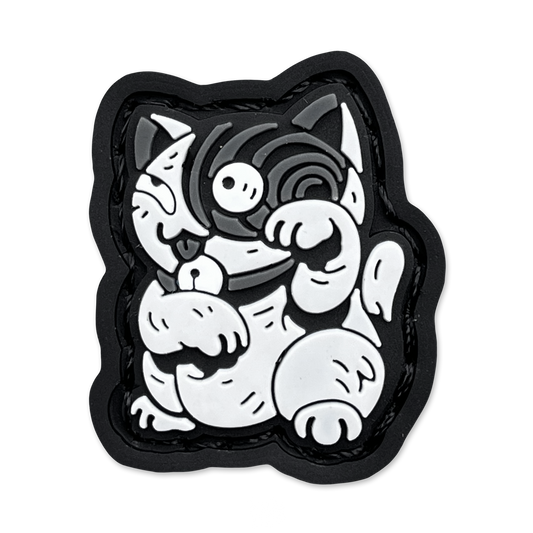 Uzumaki Neko RE ranger eye patch depicting a gray cat with a swirl on its face in a lucky cat maneko pose.