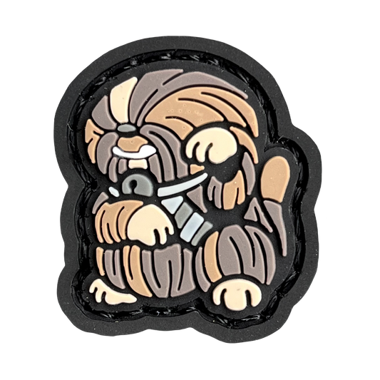 Wookiee Neko RE 2D PVC ranger eye morale patch of a hairy cartoon character in a lucky cat maneki neko pose.