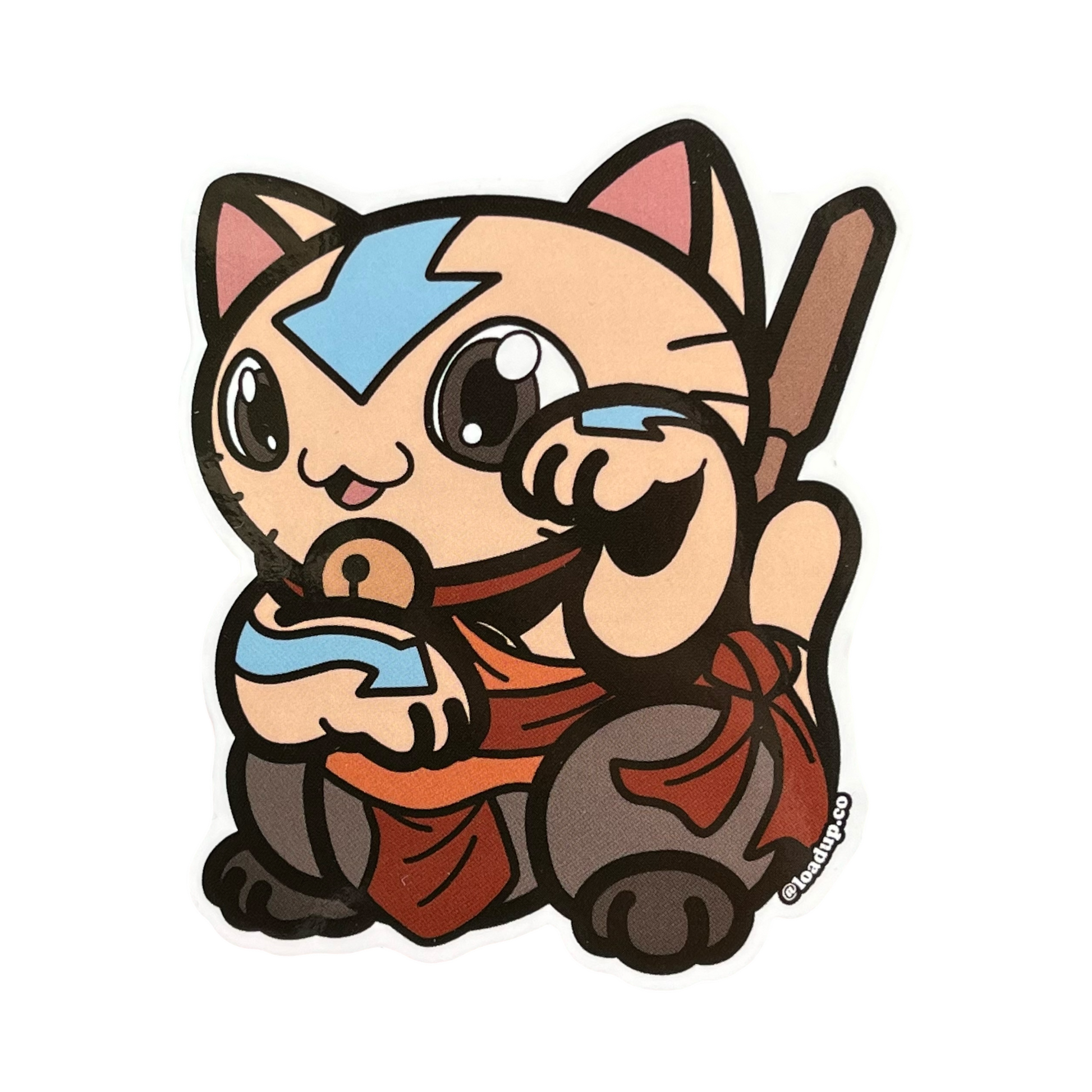 Aang Neko Sticker of a cartoon character with blue arrow tattoos sitting in a lucky cat maneki-neko pose.