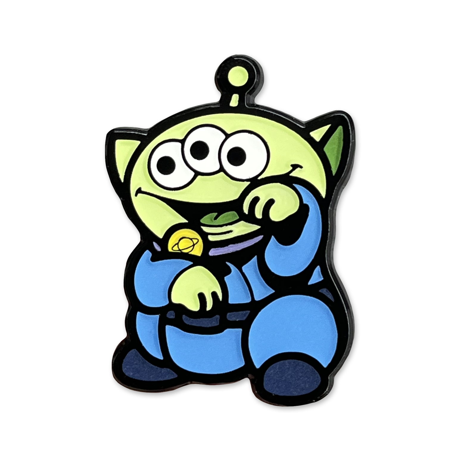 Alien Neko Pin enamel pin showing a green cartoon alien with 3 eyes wearing a blue outfit in a lucky cat maneko pose.
