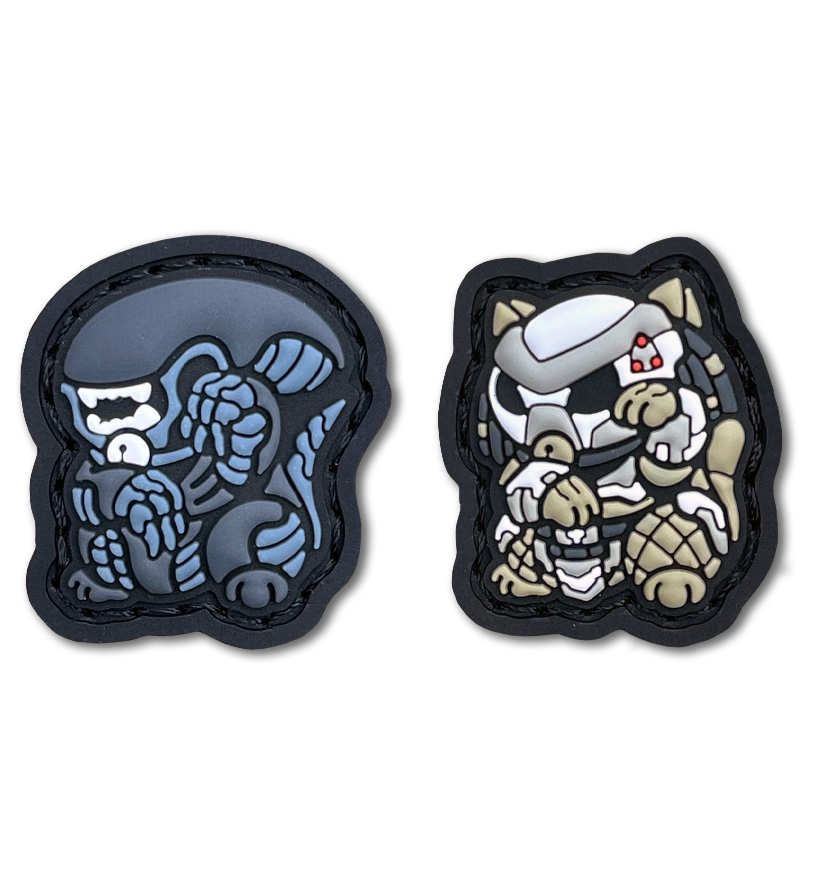 2 patches depicting alien and predator in the lucky cat neko pose.