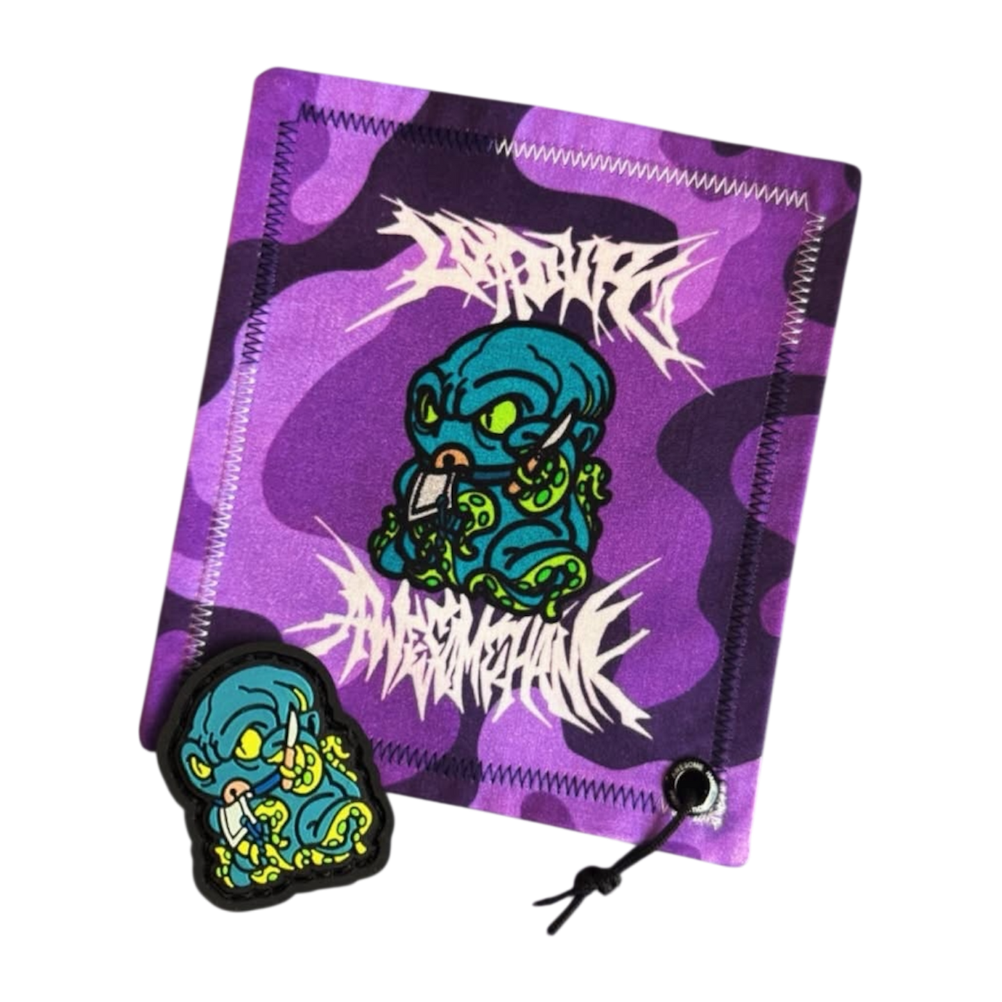Awesome Kraken RE + Hank of a kraken creature holding a knife on a purple camouflage handkerchief and a kraken ranger eye