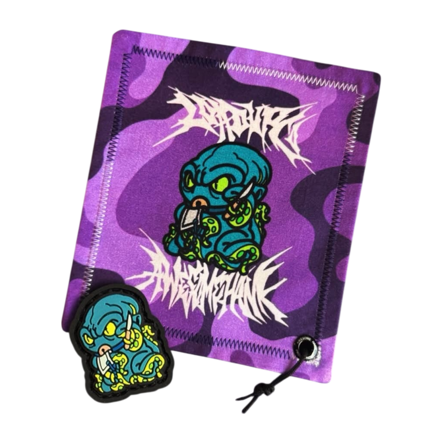 Awesome Kraken RE + Hank of a kraken creature holding a knife on a purple camouflage handkerchief and a kraken ranger eye