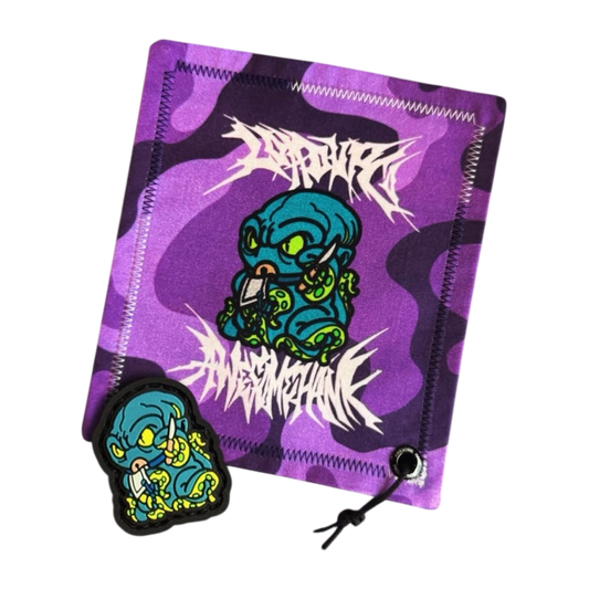 Awesome Kraken RE + Hank of a kraken creature holding a knife on a purple camouflage handkerchief and a kraken ranger eye