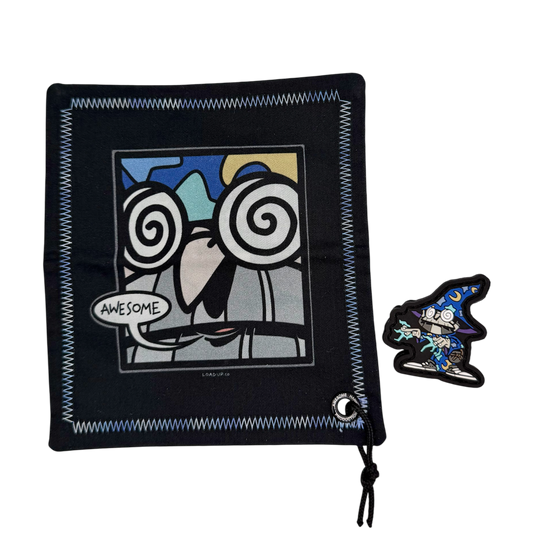 Awesome Wizard RE + Hank ranger eye patch and handkerchief showcasing a handkerchief with a zoomed in wizard face with swirly eyes and text that says Awesome. Next to it is a PVC patch of a wizard wearing a blue robe with moon and stars pattern shooting a spell out of his hands.