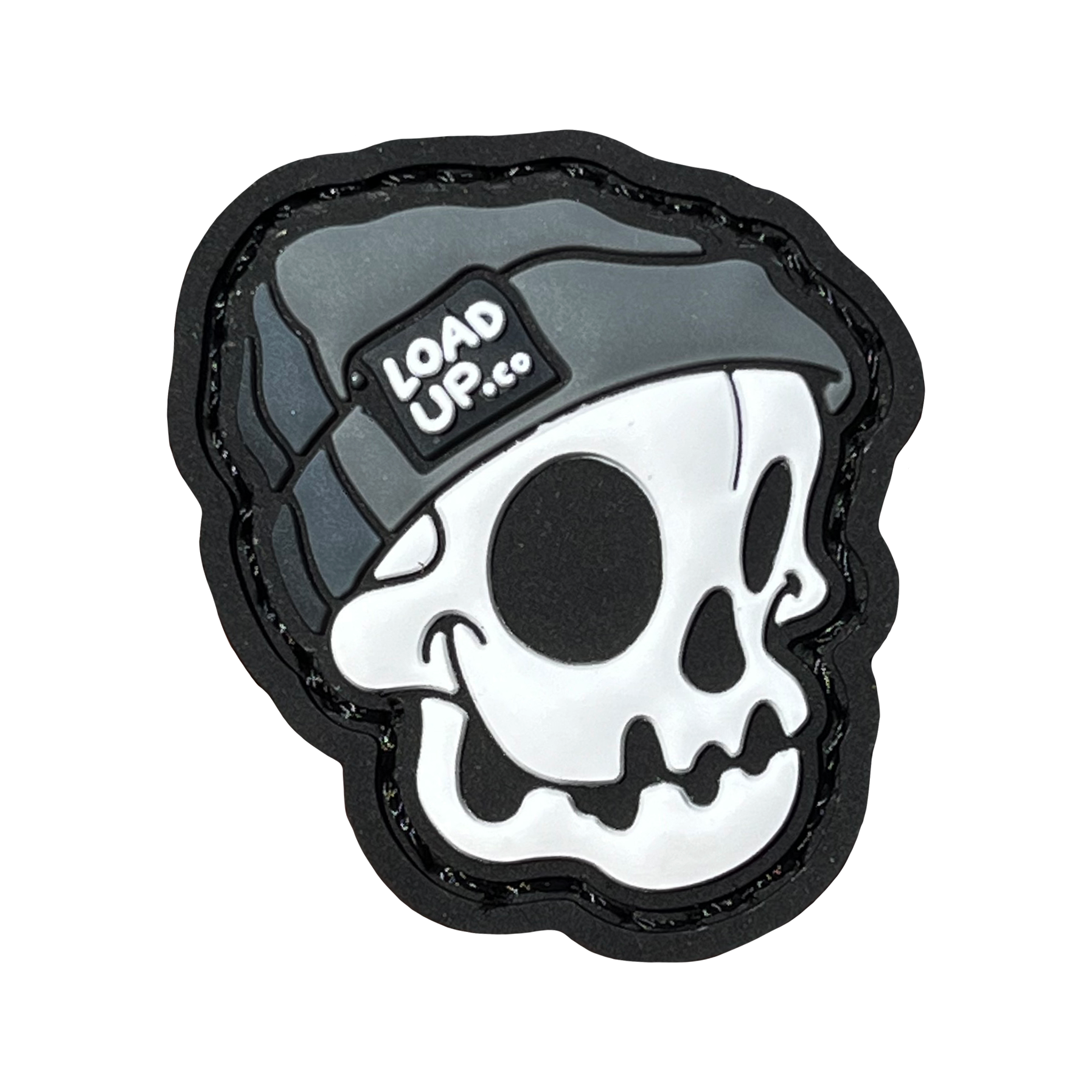 Beanie Skull RE PVC ranger eye morale patch of a skull head wearing a gray beanie with a LOADUP.co label.