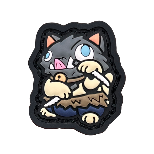 Beast Neko RE PVC ranger eye morale patch of a boar character in a lucky cat maneki-neko pose.
