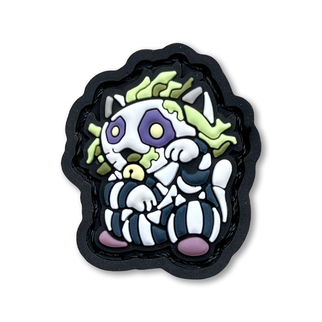 Beetlejuice Neko RE PVC ranger eye morale patch of a character with green hair and striped shirt sitting in a lucky cat maneki-neko pose.