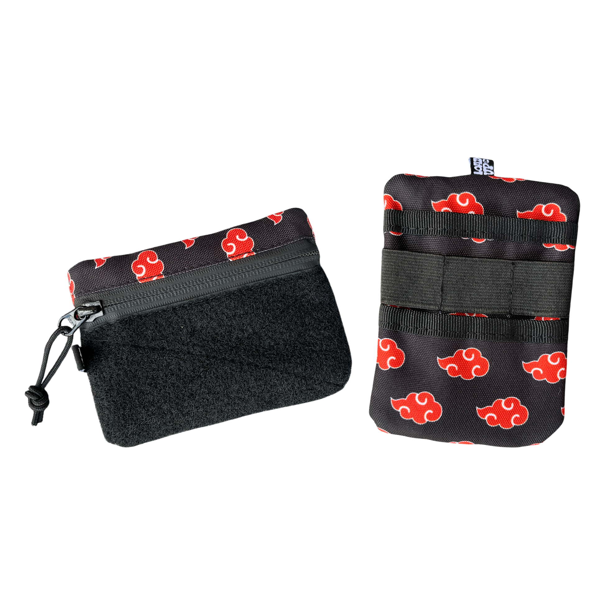 A black and red Sidekick 002 pouch featuring a anime-inspired red cloud pattern, displayed in both zipped and unzipped views.