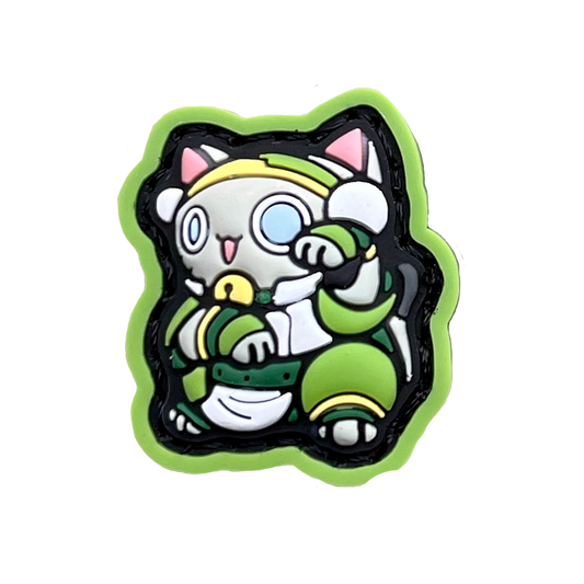 Blind Warrior Neko RE PVC ranger eye patch of a cartoon character wearing green clothes sitting in a lucky cat maneki-neko pose.