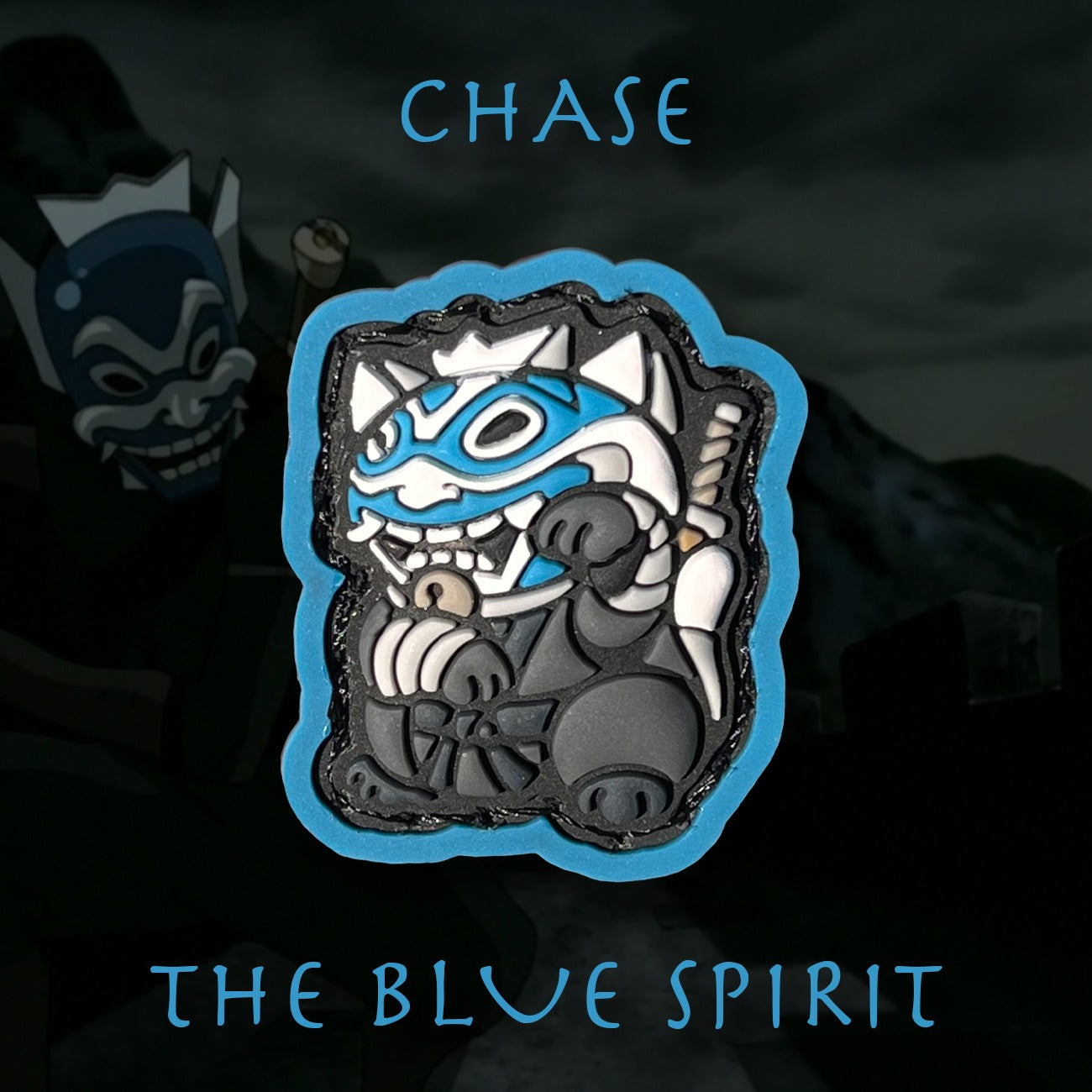 Blue Spirit Neko RE of a cartoon character with a blue oni mask and gray outfit sitting in a lucky cat maneko pose.