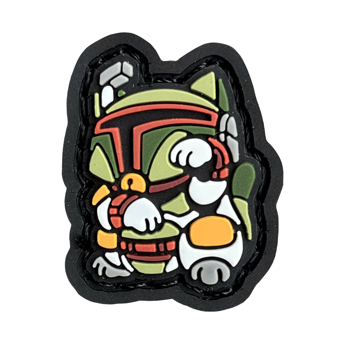 Boba Fett Neko RE 2D PVC ranger eye morale patch of a cartoon character wearing a green helmet and suit standing in a lucky cat maneko pose.