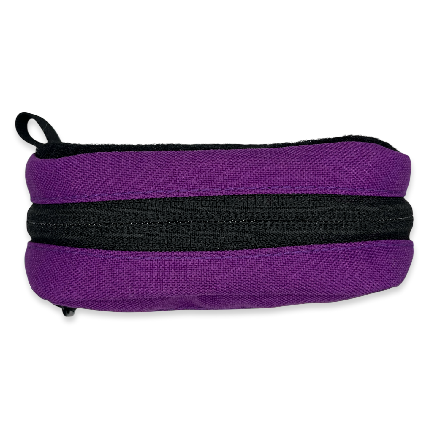 Purple pencil case with a black zipper on a white background