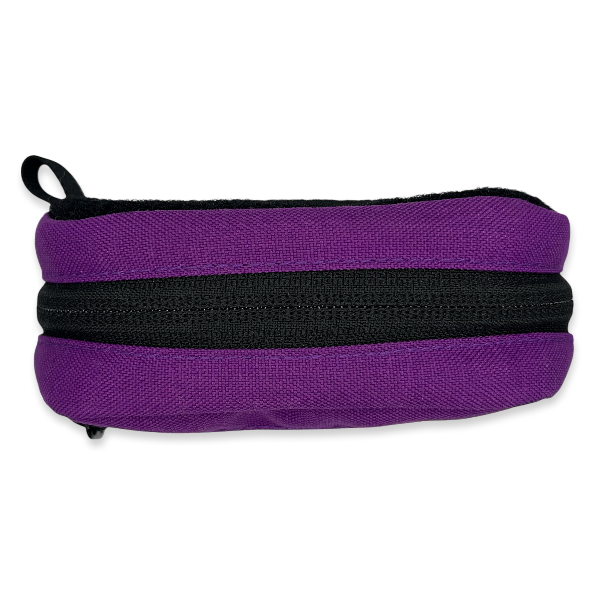 Purple pencil case with a black zipper on a white background