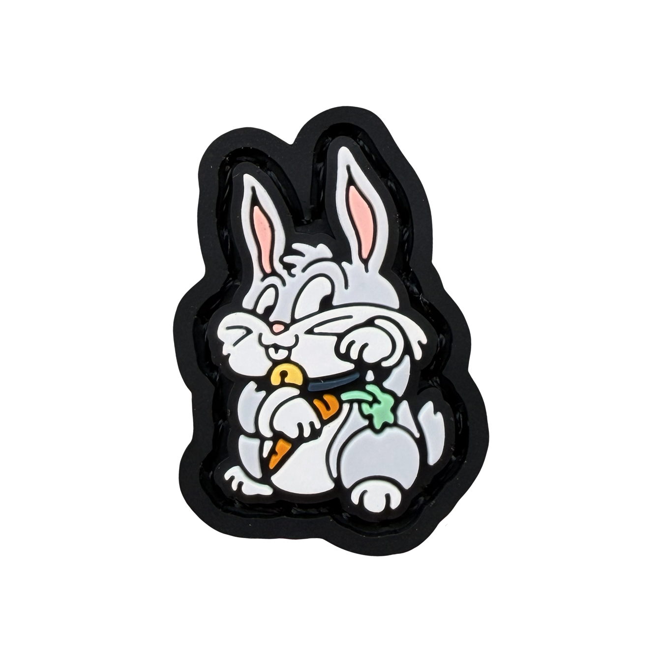 Bunny Neko RE ranger eye PVC morale patch of a bunny holding a carrot sitting in a lucky cat maneki neko pose.
