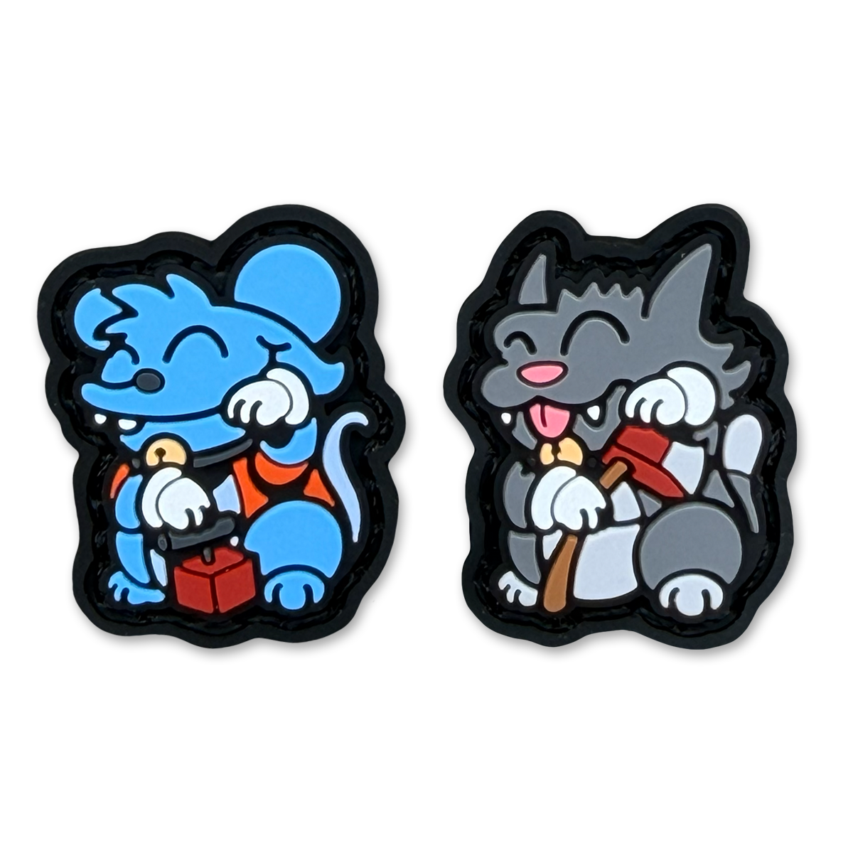 Cat Mouse Neko RE Set ranger eye patch depicting a blue mouse holding a tnt detonator and gray cat holding an axe in a lucky cat pose.