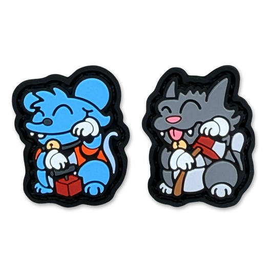 Cat Mouse Neko RE Set ranger eye patch depicting a blue mouse holding a tnt detonator and gray cat holding an axe in a lucky cat pose.