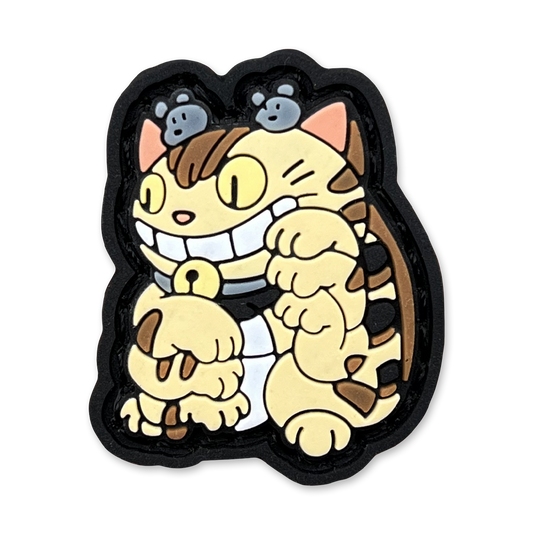 Catbus Neko RE ranger eye morale patch Studio Ghibli inspired character showing a yellow cat grinning with three arms in a lucky cat maneko pose.