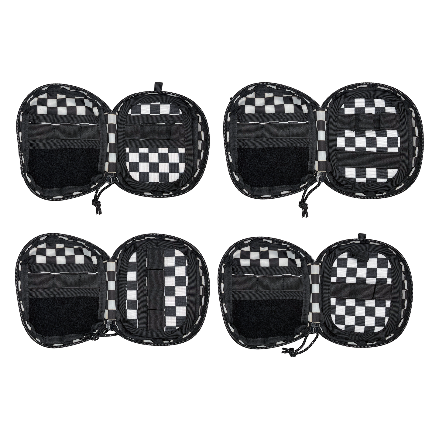 Four modular insert pads with varying amounts of elastic loops and pockets for Companion 003 Modular Pouch - Checkerboard pouch.