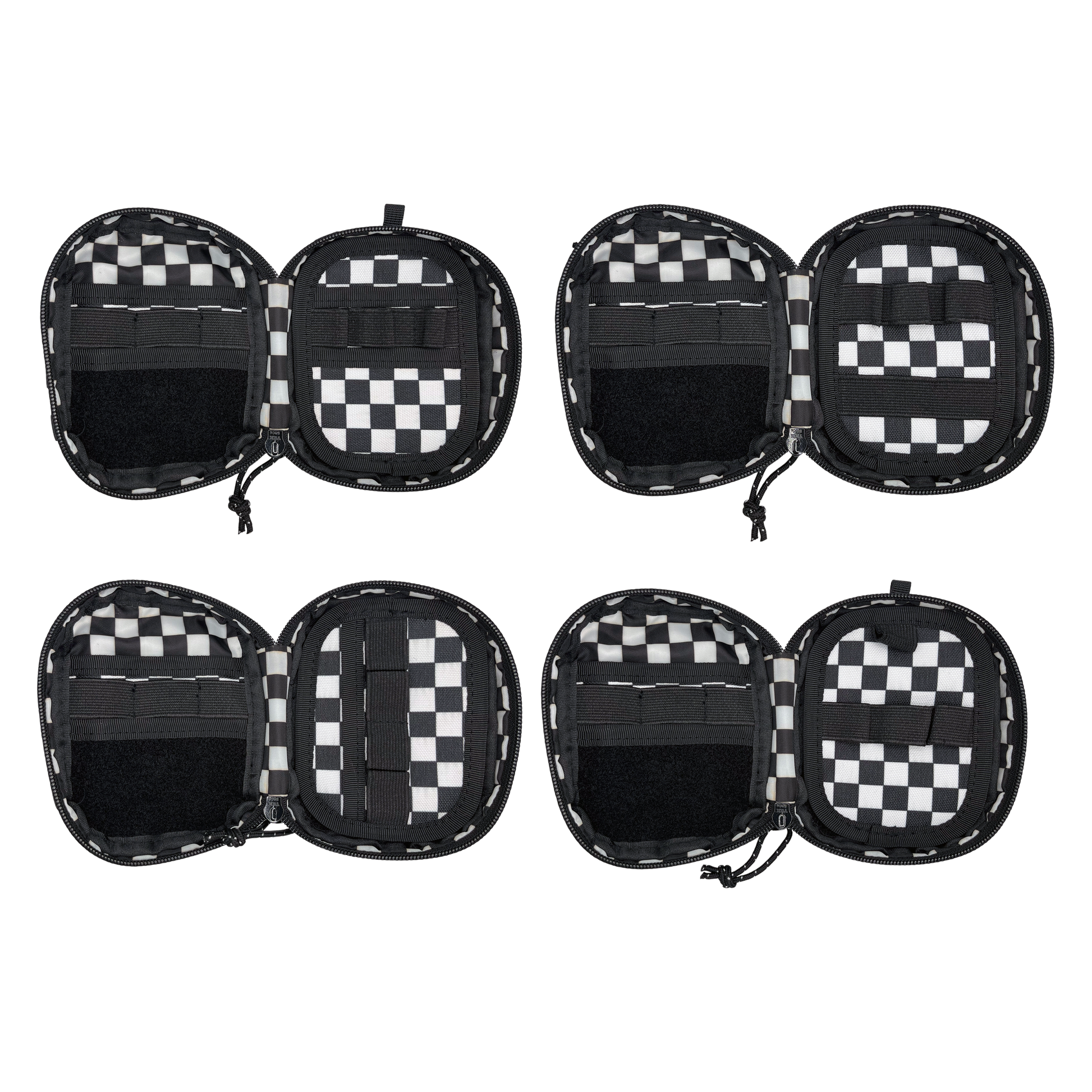 Four modular insert pads with varying amounts of elastic loops and pockets for Companion 003 Modular Pouch - Checkerboard pouch.