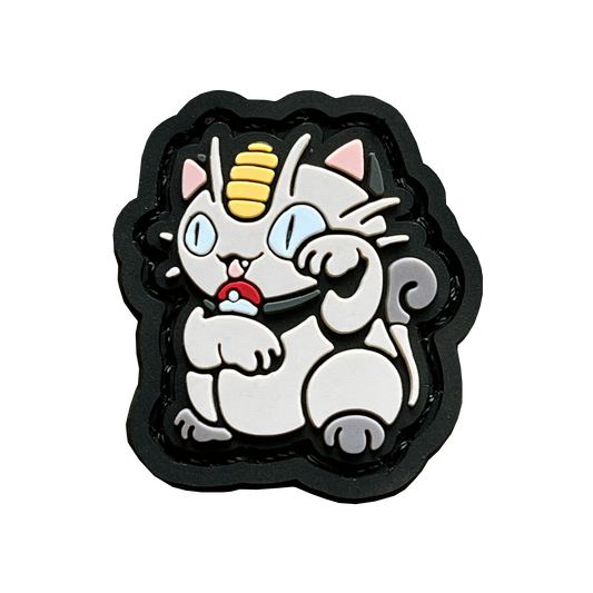 Coin Cat Neko RE PVC ranger eye morale patch of a white cat with coin forehead sitting in a lucky cat maneki-neko pose.
