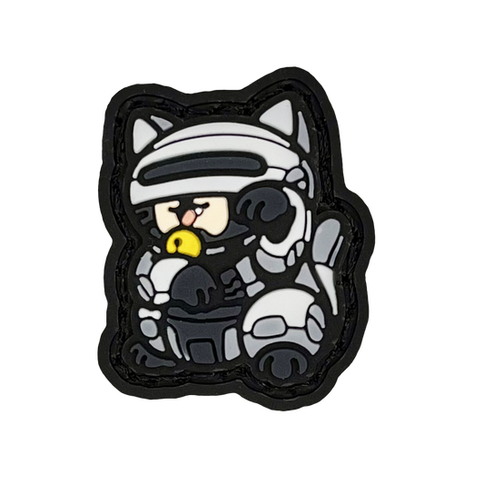 Cyber cop Neko RE PVC ranger eye morale patch of a robotic cartoon character in a lucky cat maneki-neko pose.