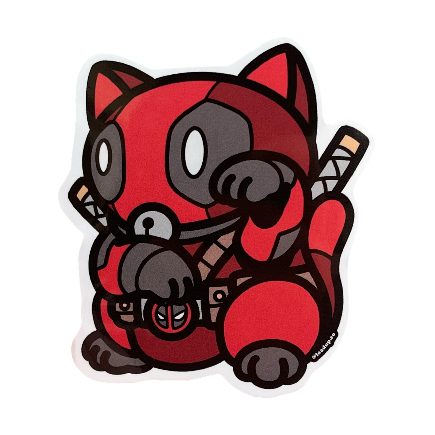 Deadpool Neko Sticker of a superhero character in red in a lucky cat maneki-neko pose.