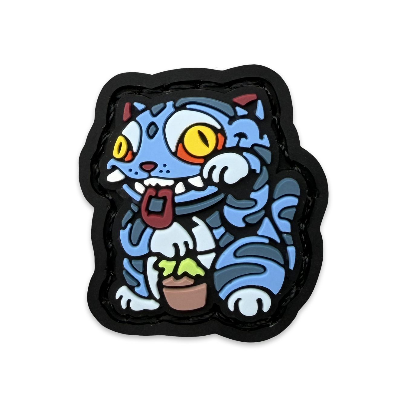 Derpy Neko RE PVC morale ranger eye patch of a blue tiger cat holding a flower pot sitting in a lucky cat maneki neko pose.