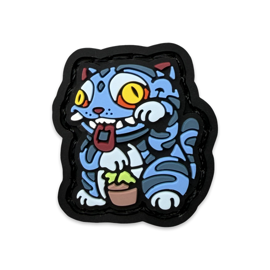 Derpy Neko RE PVC morale ranger eye patch of a blue tiger cat holding a flower pot sitting in a lucky cat maneki neko pose.