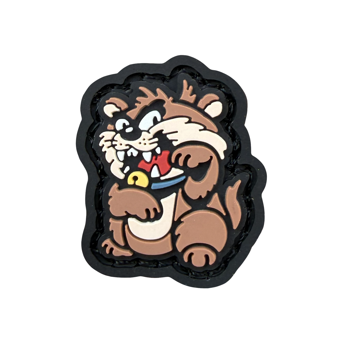 Devil Neko RE ranger eye pvc morale patch of a brown cartoon character in a lucky cat maneki neko pose