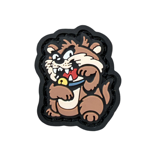 Devil Neko RE ranger eye pvc morale patch of a brown cartoon character in a lucky cat maneki neko pose