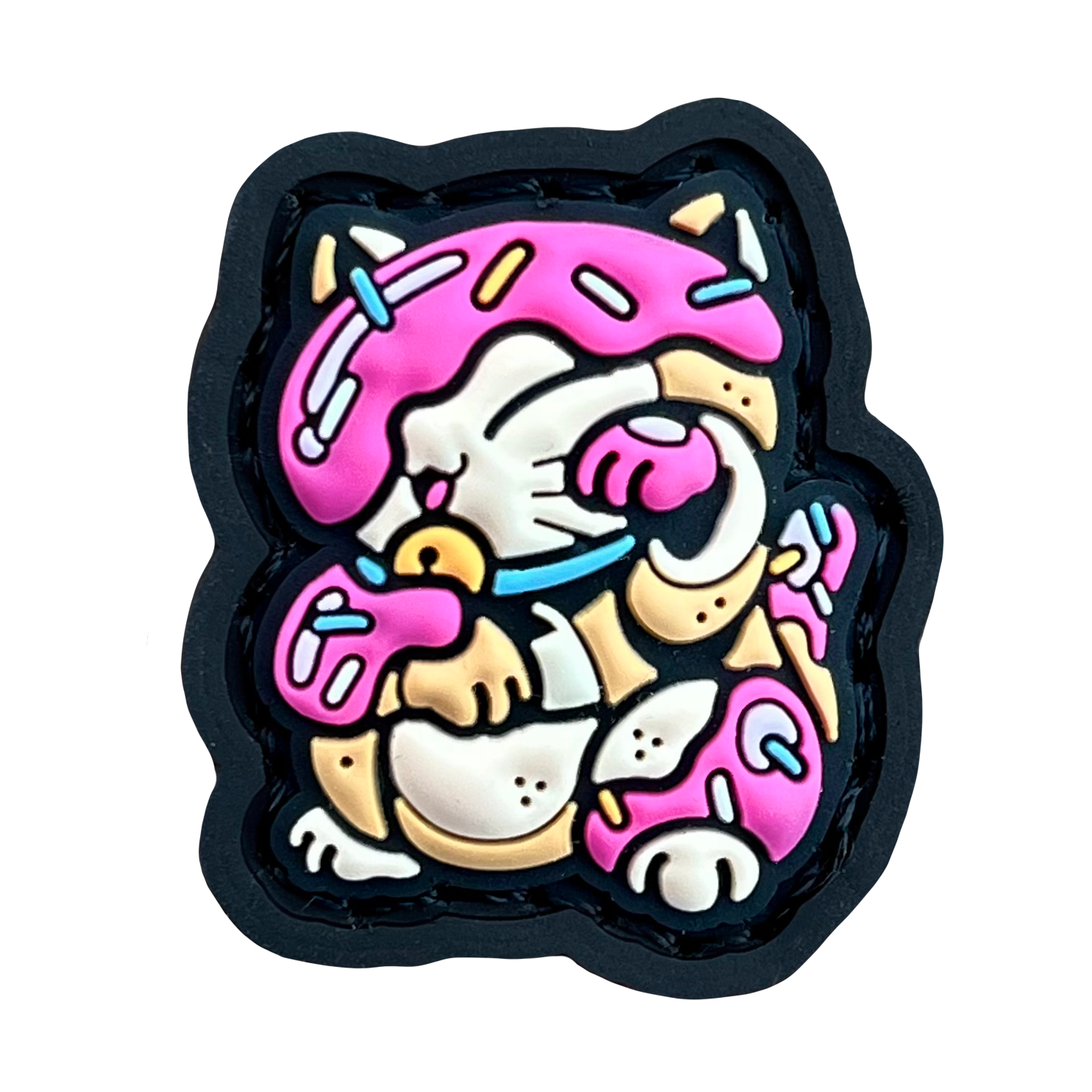 Donut Neko RE of a cartoon character cat covered in strawberry sprinkle frosting in a lucky cat maneko pose.