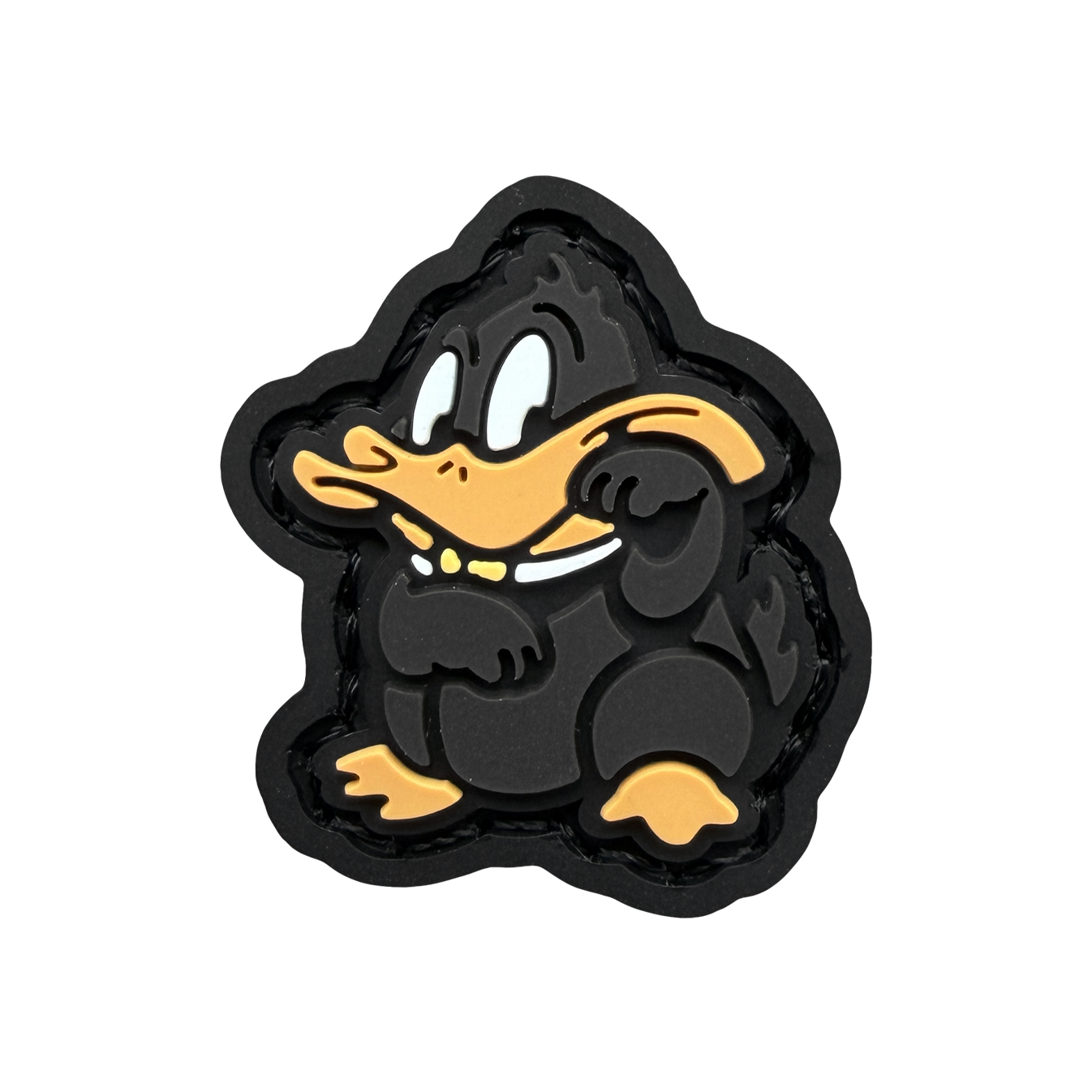 Duck Neko RE ranger eye PVC morale patch of a black duck sitting in a lucky cat maneki neko pose.