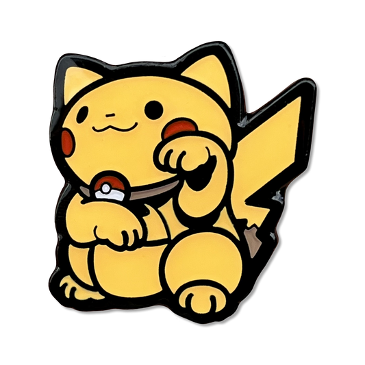 Electric Monster Neko Pin enamel pin of a yellow cartoon rat character in a lucky cat maneki-neko pose.