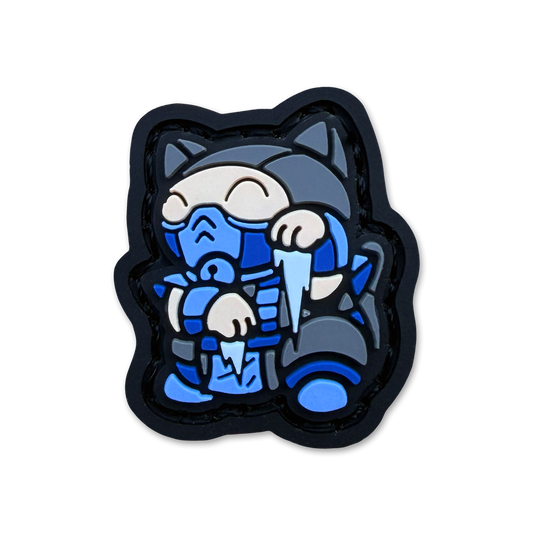 Frozen Neko RE ranger eye pvc morale patch of a character in a blue outfit in a lucky cat maneki neko pose