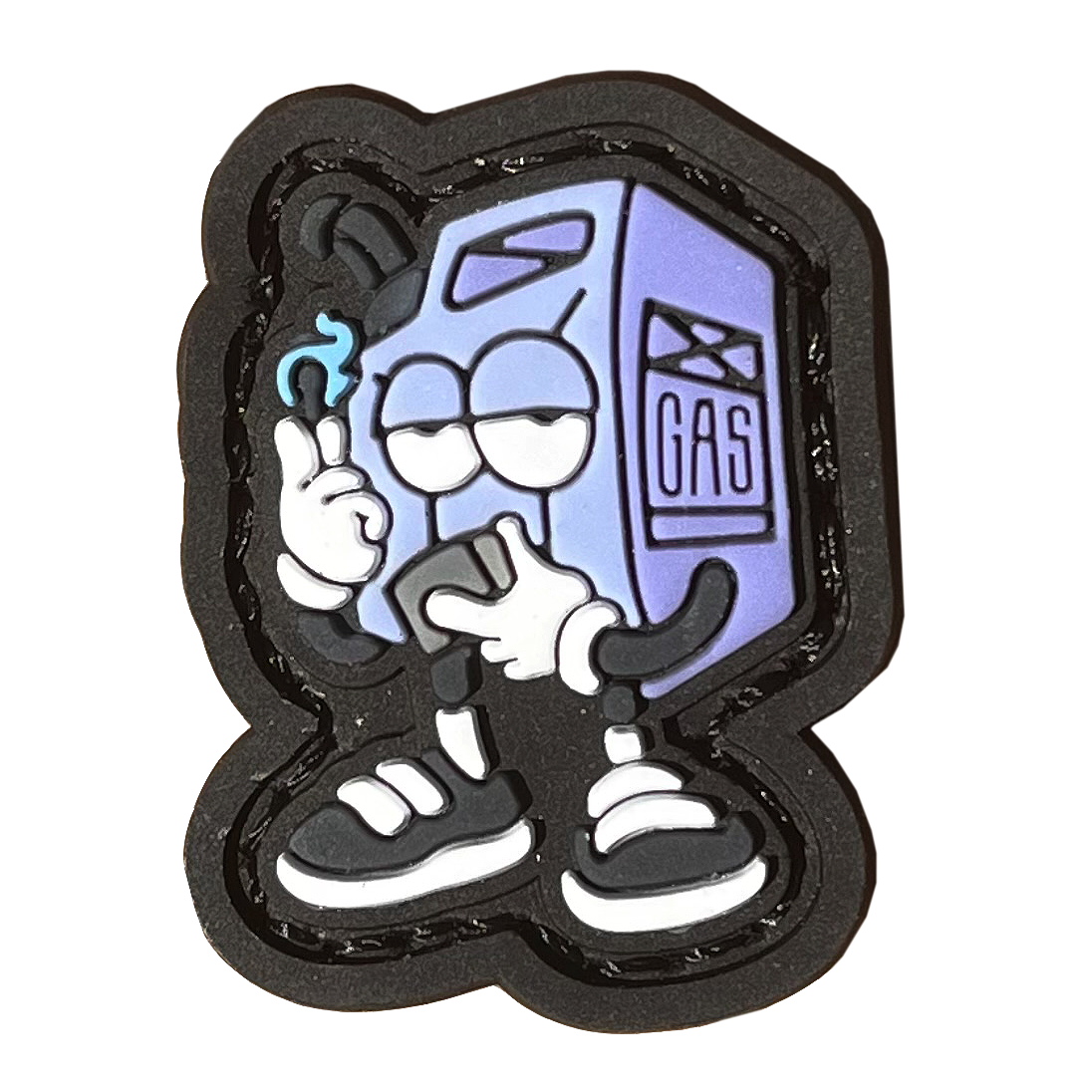 Fueled Up RE - Blurple PVC ranger eye morale patch of a blue purple cartoon gas canister character holding up a blue lit match in one hand and a lighter in the other.