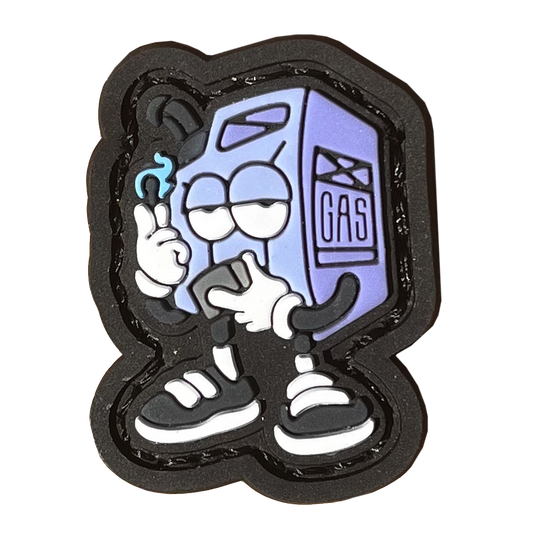 Fueled Up RE - Blurple PVC ranger eye morale patch of a blue purple cartoon gas canister character holding up a blue lit match in one hand and a lighter in the other.