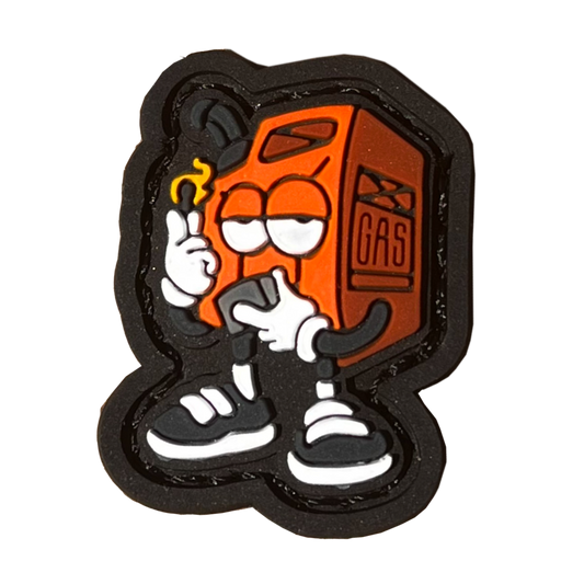 Fueled Up RE - Red PVC ranger eye morale patch of a red cartoon gas cannister character holding up an orange lit match in one hand and a lighter in the other.