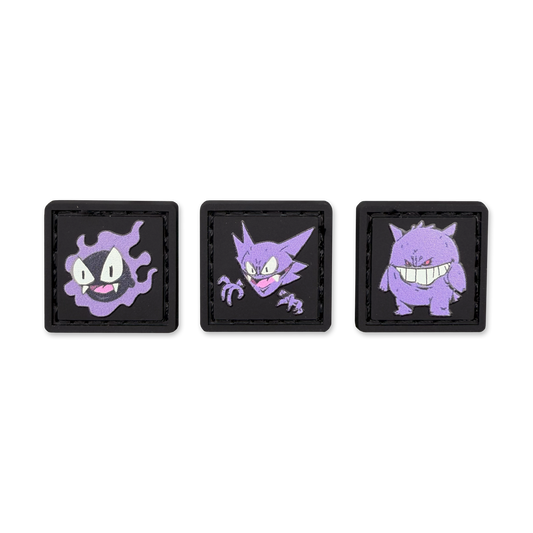 Three square patches with cartoon characters on a white background