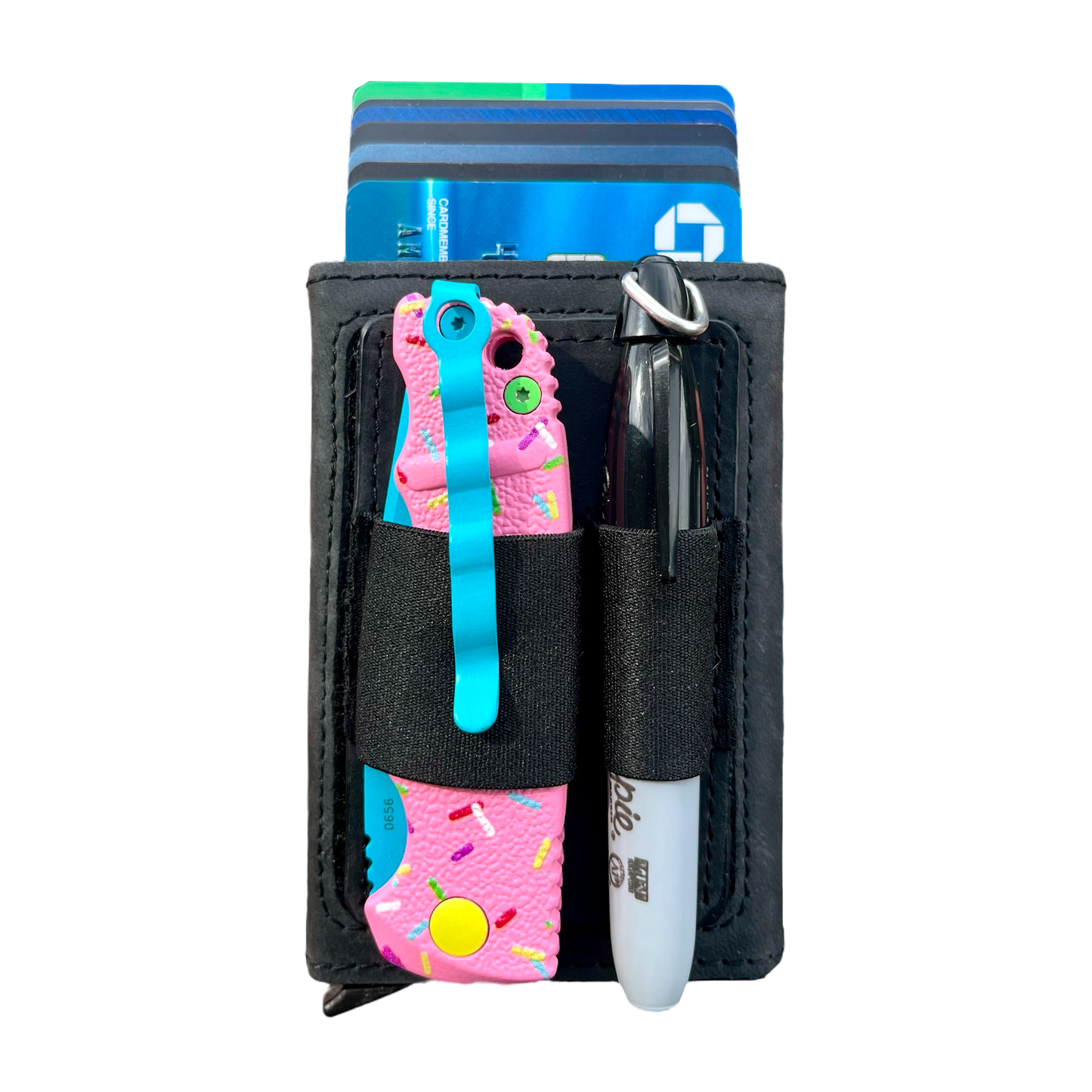 GHOST 001 WALLET EDC pop up card wallet with velcro attachment holding a knife and sharpie and cards fanned up