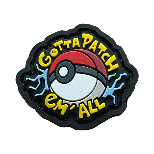 Gotta Patch Em All RE PVC ranger eye morale patch of a pokeball with blue lightning behind it. Gotta patch em all written around the ball in yellow lettering.