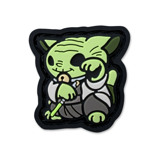 grandmaster neko re ranger eye pvc morale patch of a green character holding a green sword sitting in a lucky cat maneki neko pose