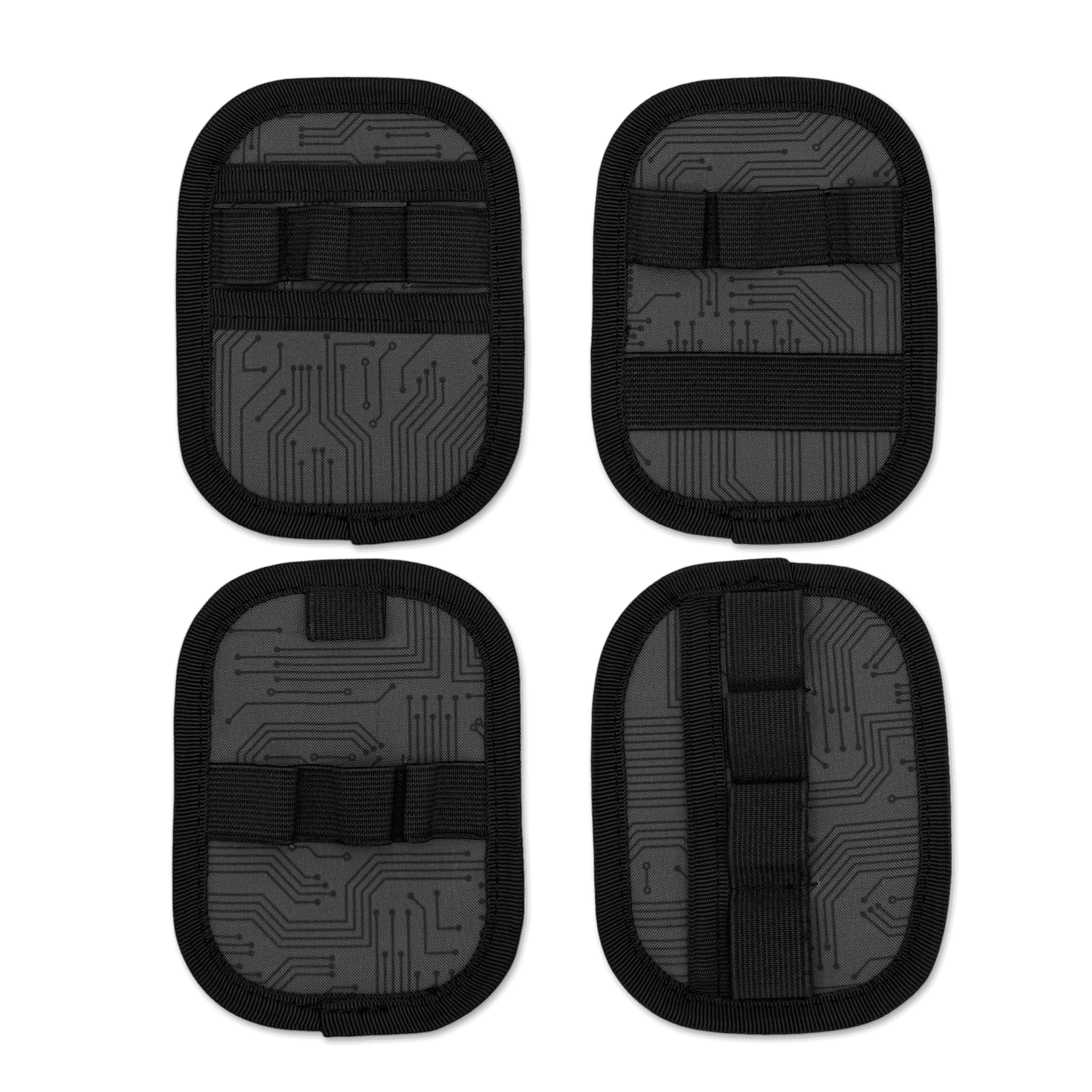 Four modular insert pads with varying amounts of elastic loops and pockets for Companion 003 Modular Pouch - Grey Circuit.