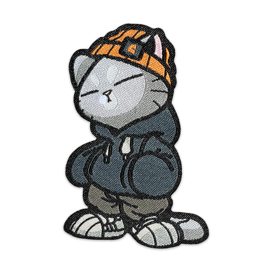 Hoodie Cato Patch woven nylon morale patch of a gray cat in an orange beanie and gray hoodie.