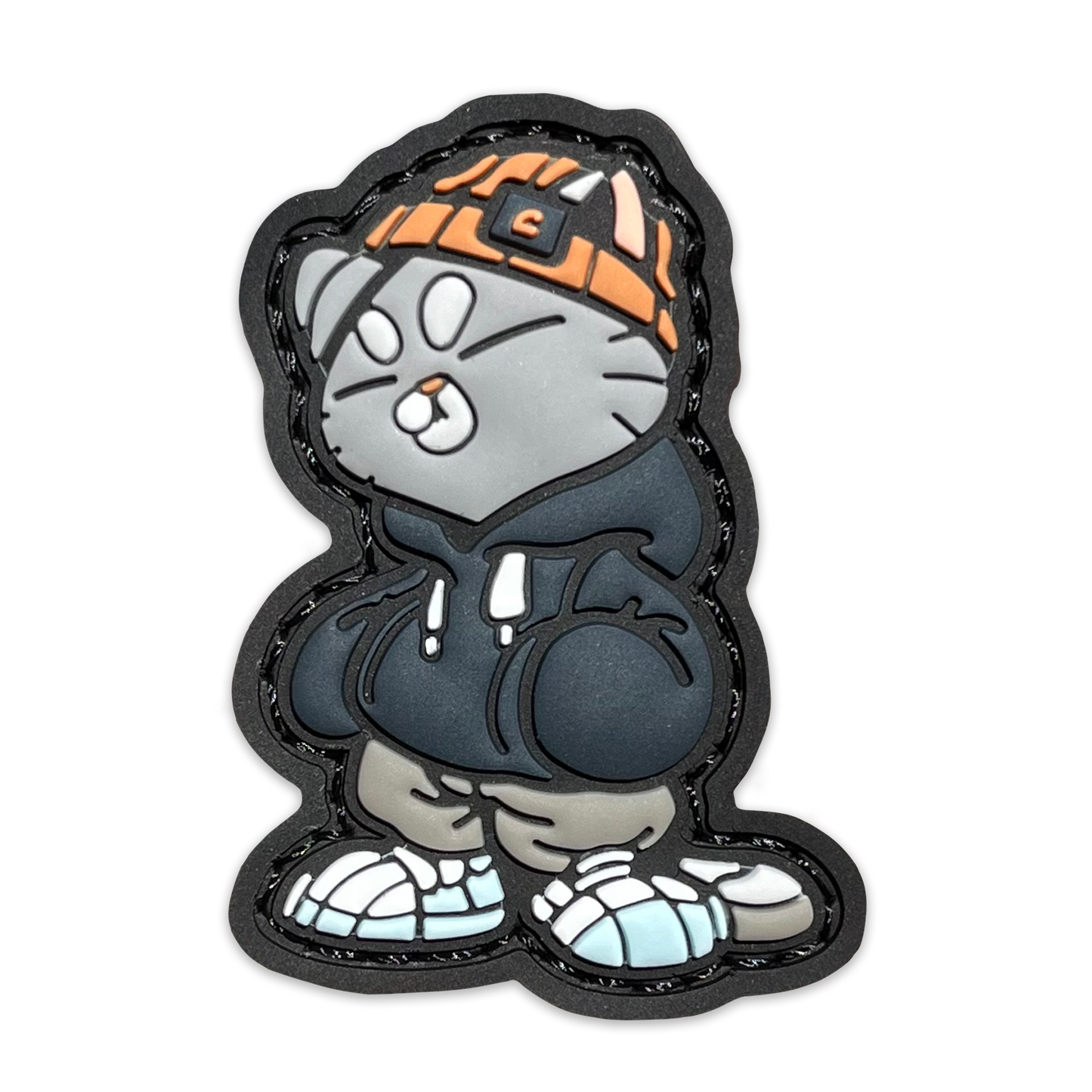 Hoodie Cato Patch PVC ranger eye morale patch of a gray cat in an orange beanie and gray hoodie.